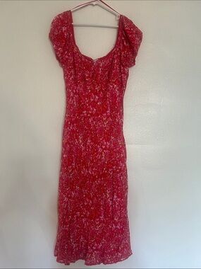 Lost + Wander Pink-Red Floral Midi Dress with Puff Sleeves